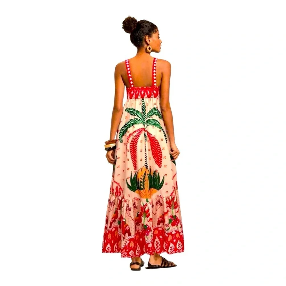 Tropical Plants Print Ruffle Hem Maxi Cami Dress,Sun Dress - Picture 3 of 5